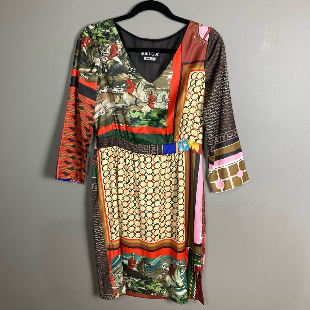 Boutique Moschino dress long sleeve mixed media print equestrian size 8